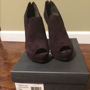 Choc brown Vince Camuto high heel suede booties.